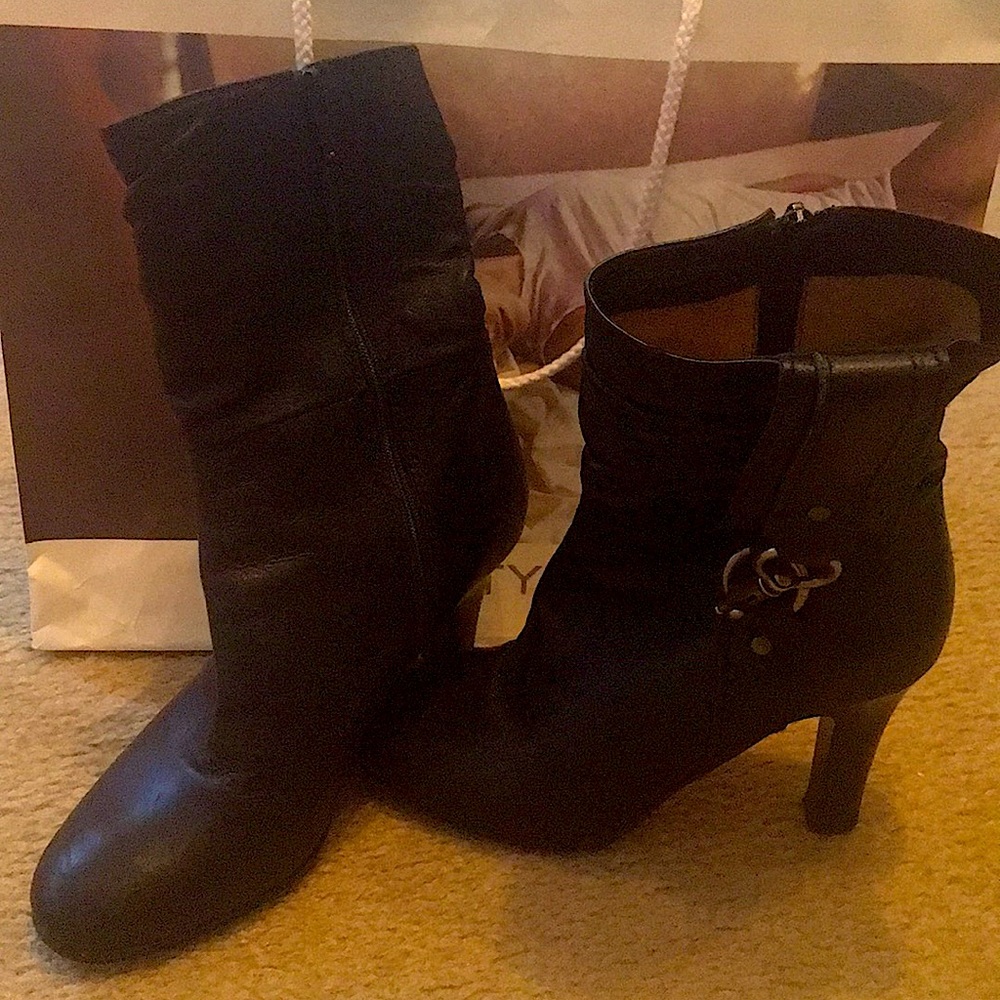 Coach Brass Buckle Black Leather Ankle Boots